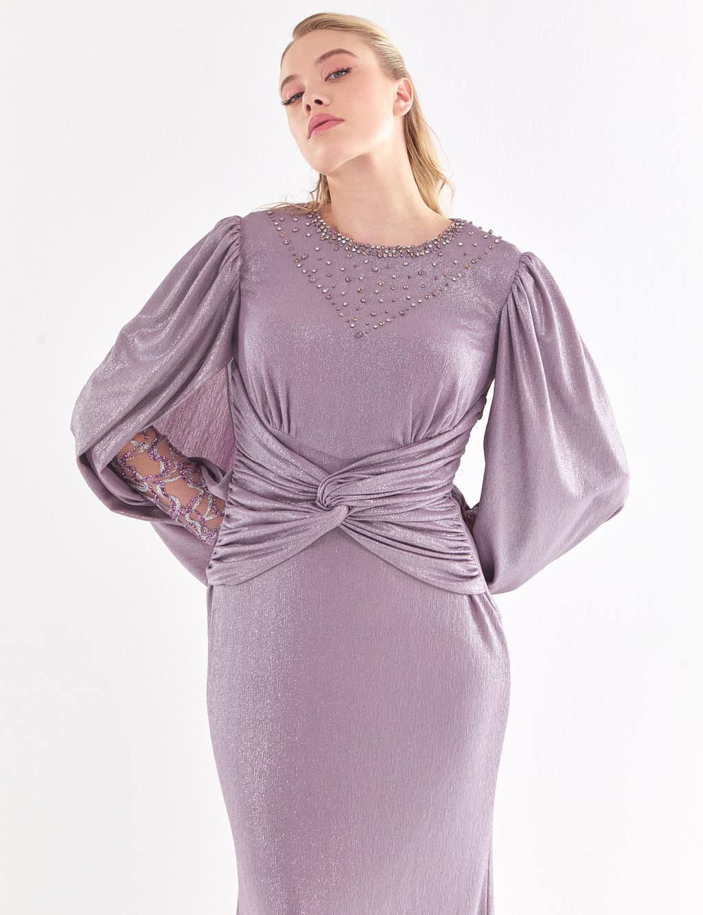 Stone Embroidered Draped Evening Dress Lilac