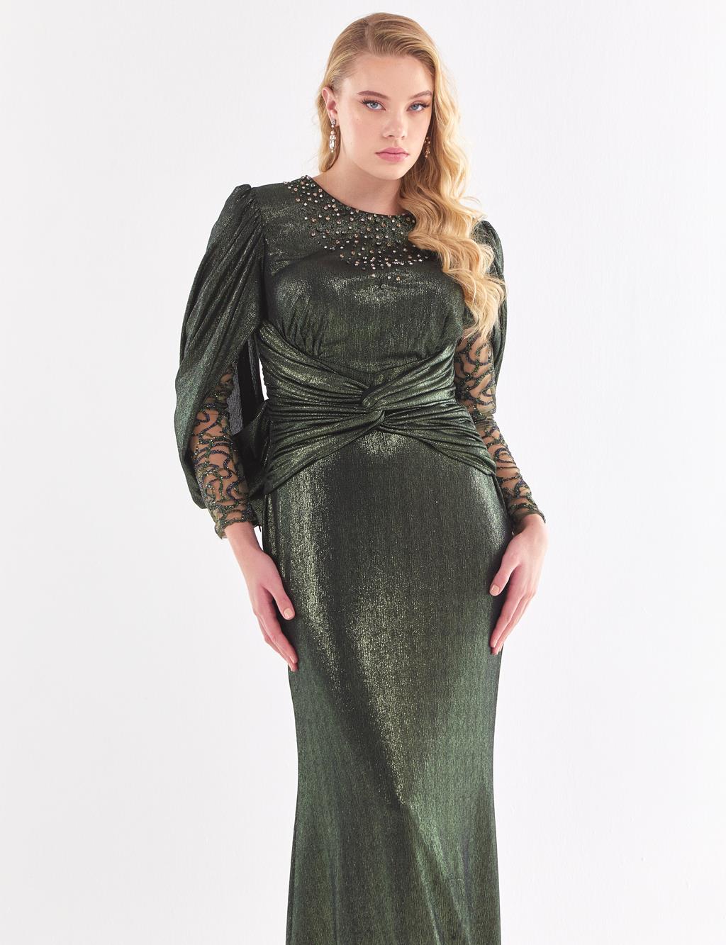 Stone Embroidered Draped Evening Dress Green