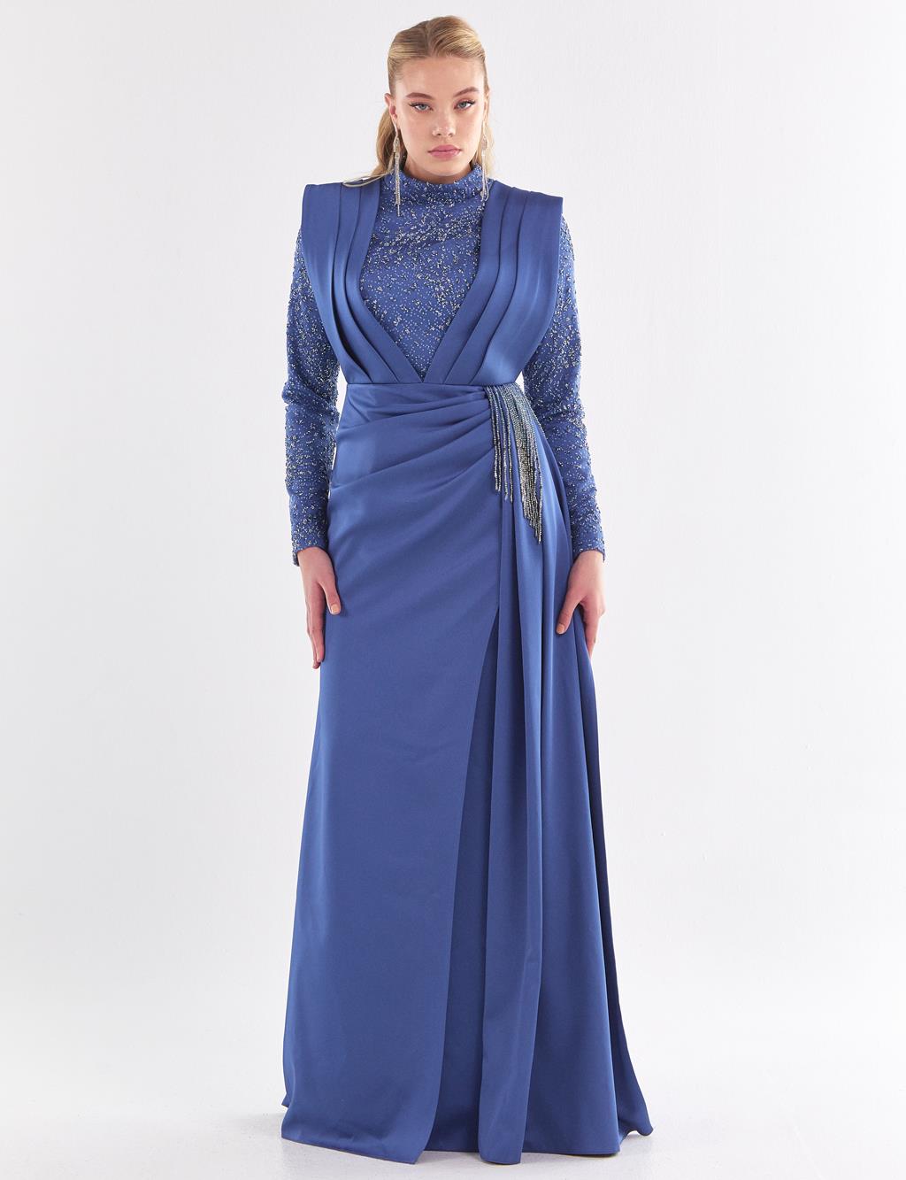 Stone Embroidered Double Breasted Evening Dress Indigo
