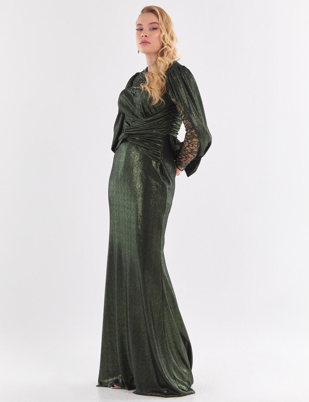 Stone Embroidered Draped Evening Dress Green