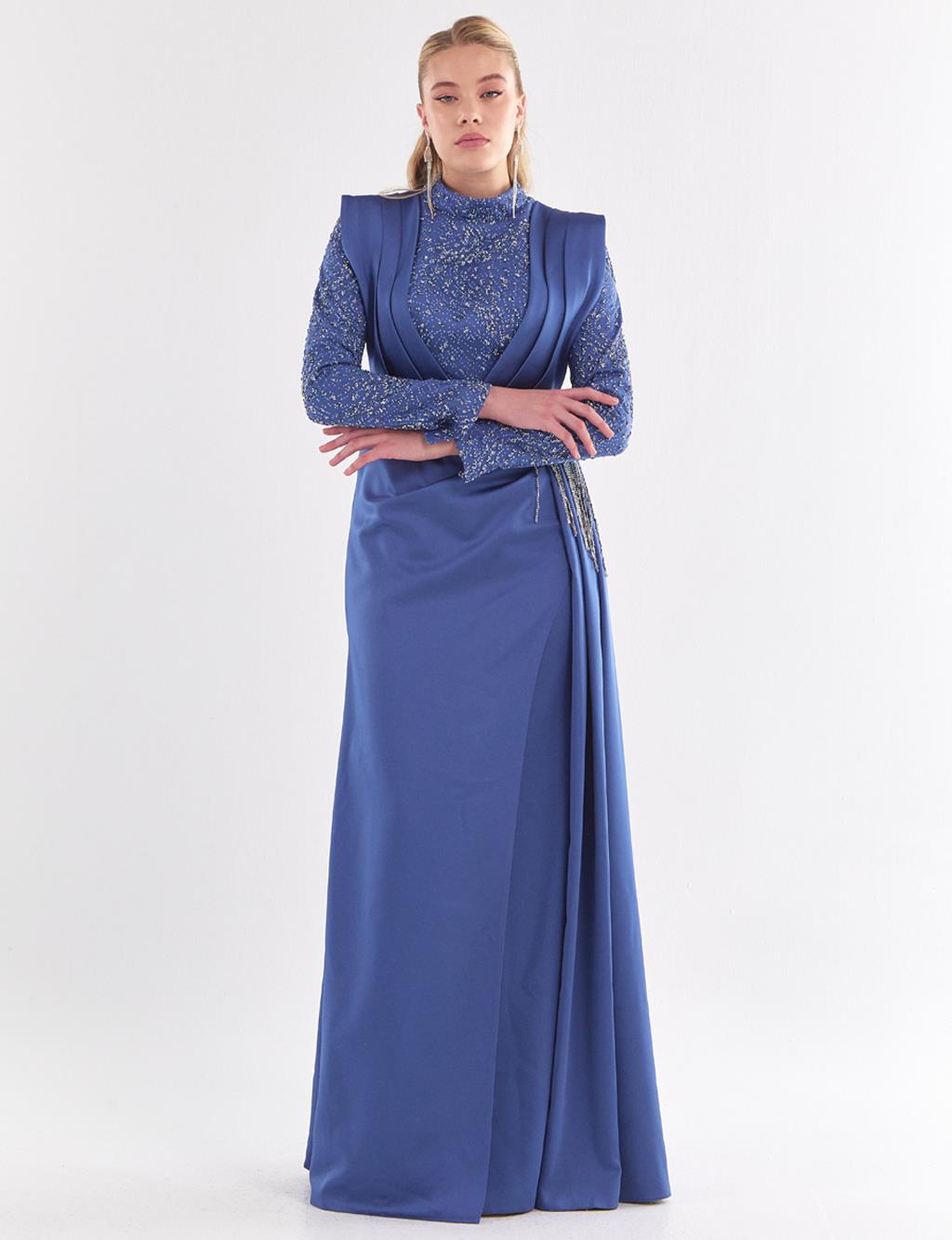 Stone Embroidered Double Breasted Evening Dress Indigo