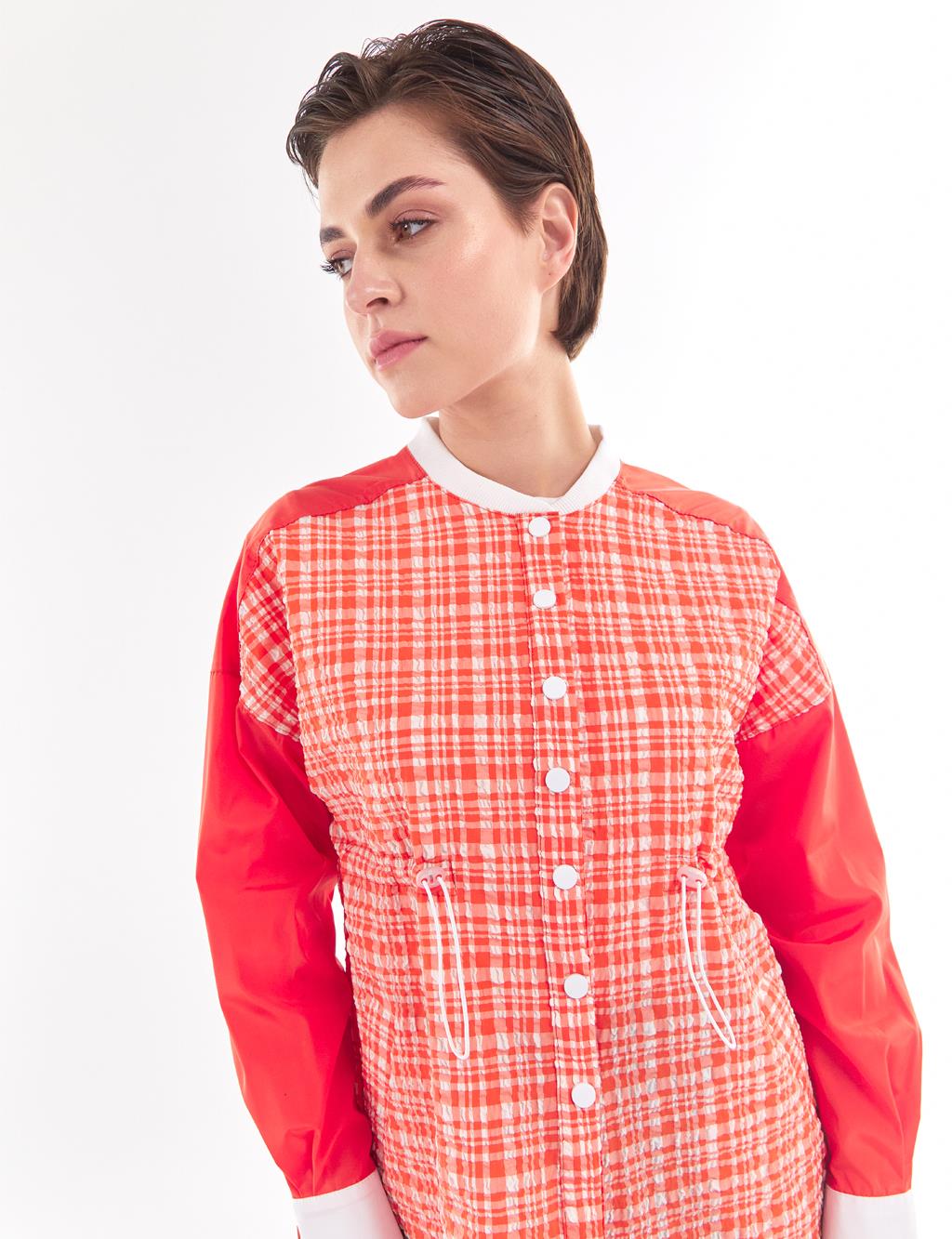 Waist Pleated Checked Jacket Coral