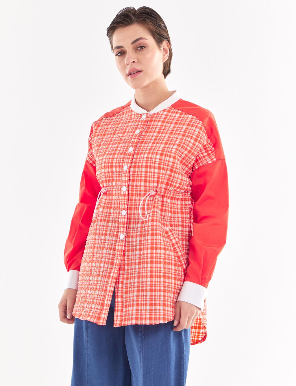 Waist Pleated Checked Jacket Coral