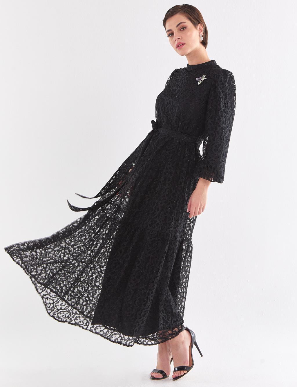 Belted Lace Dress Black