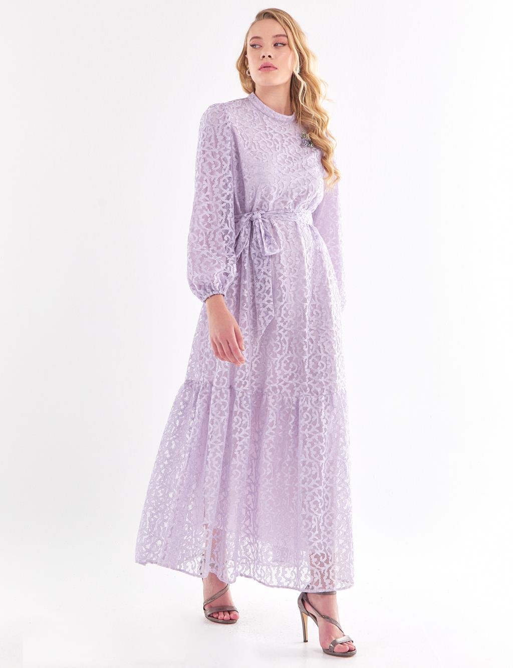 Belted Lace Dress Lilac
