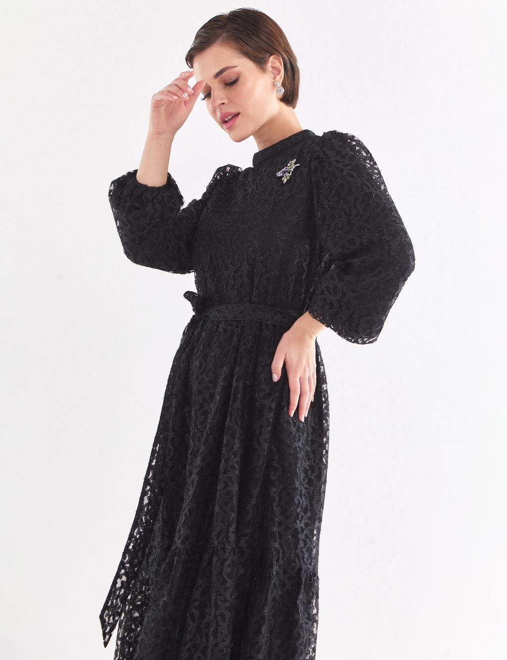 Belted Lace Dress Black