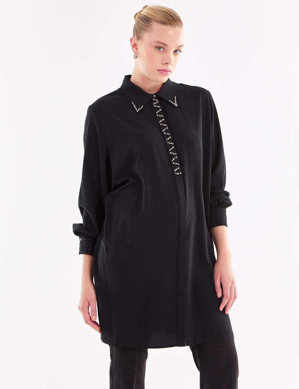 Hidden Placket Embroidered Tunic Black
