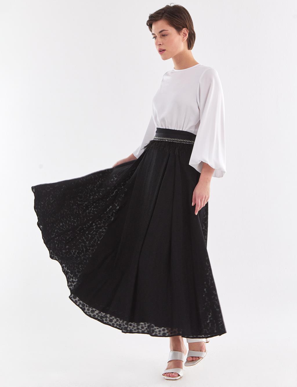 Wide Pleated Jacquard Skirt Black