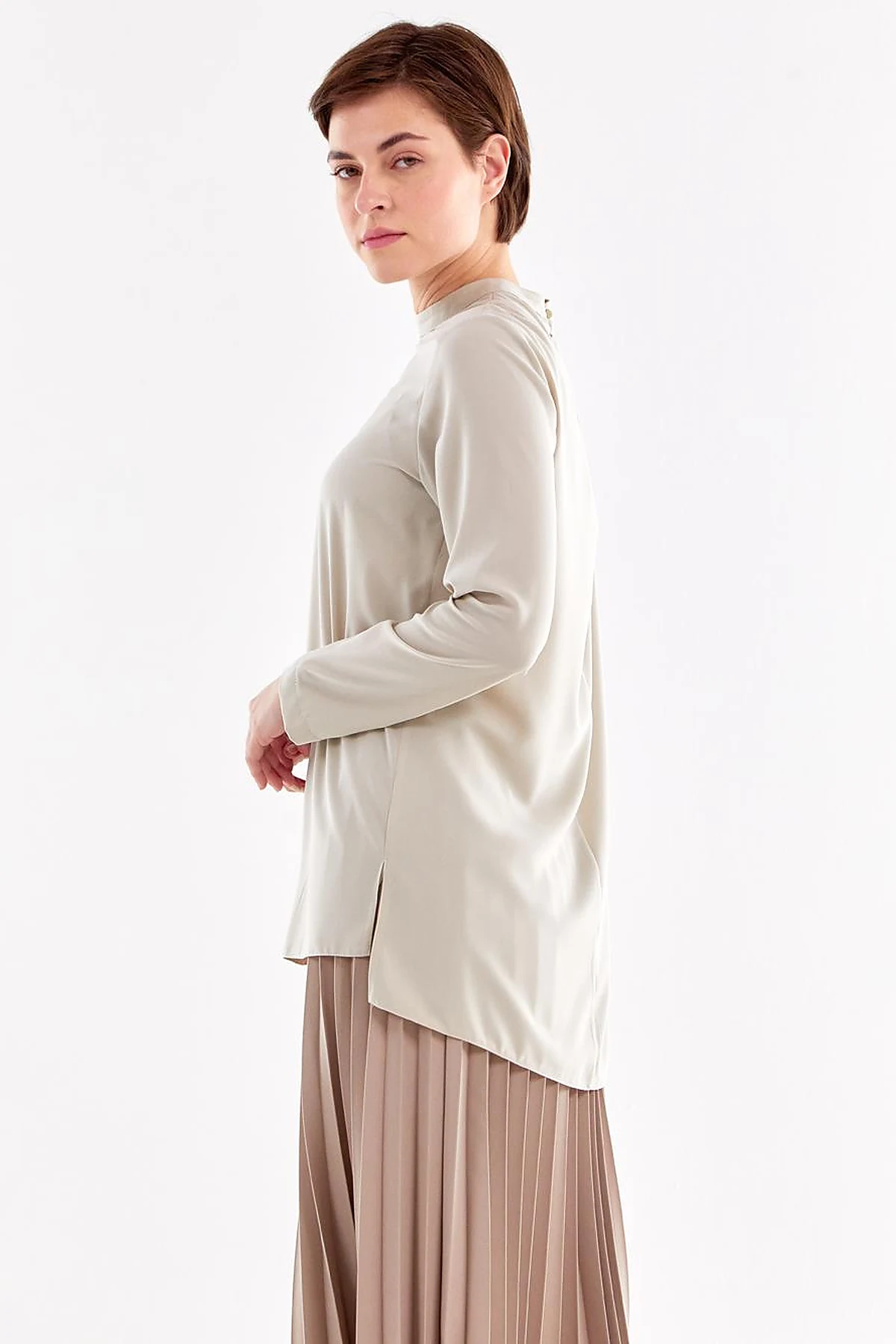 Basic Dik Yaka Bluz Küf Yeşili