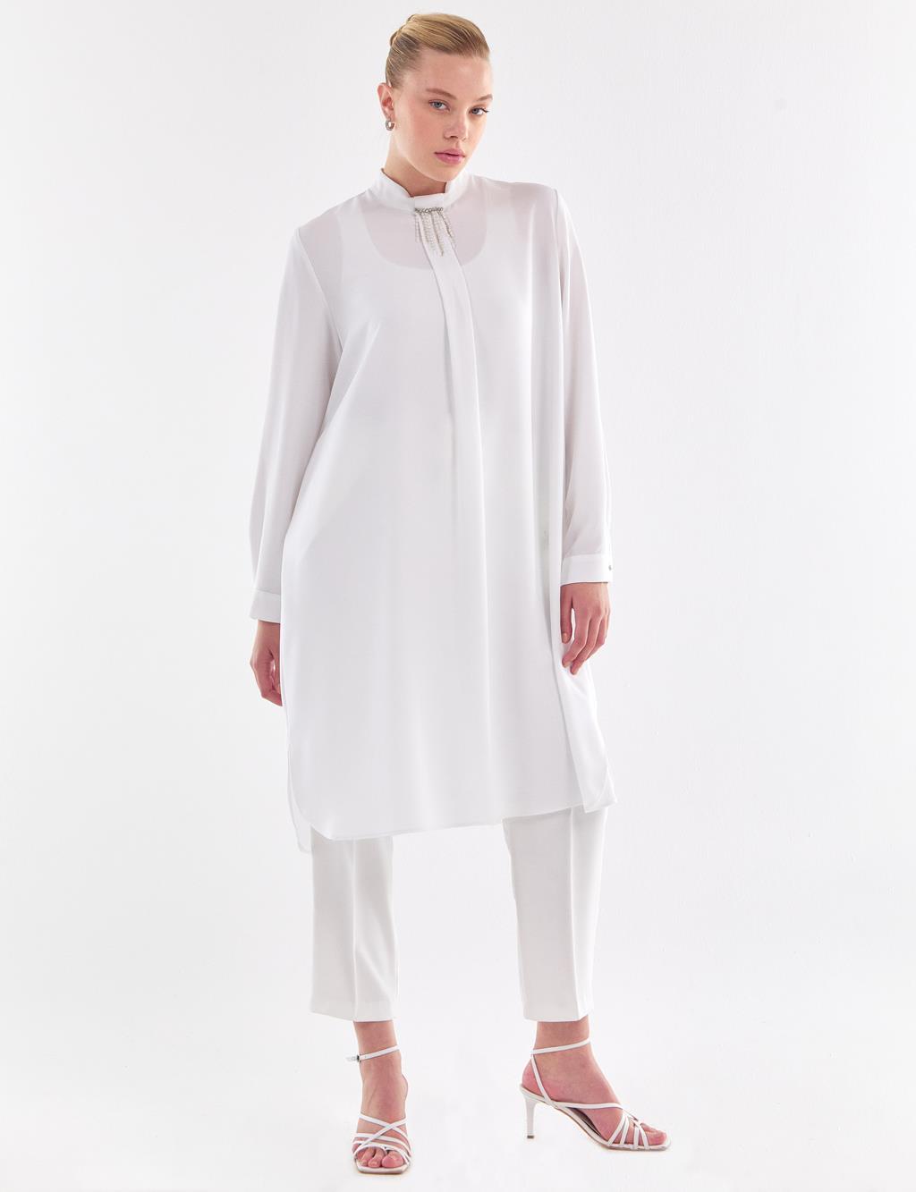 Embroidered Standing Collar Tunic White