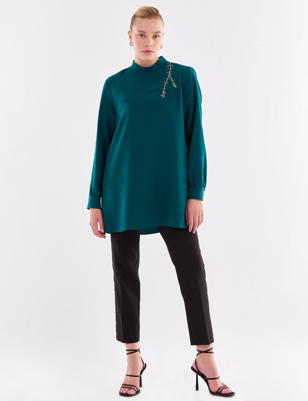 Bead Embroidered Stand Up Collar Blouse Emerald