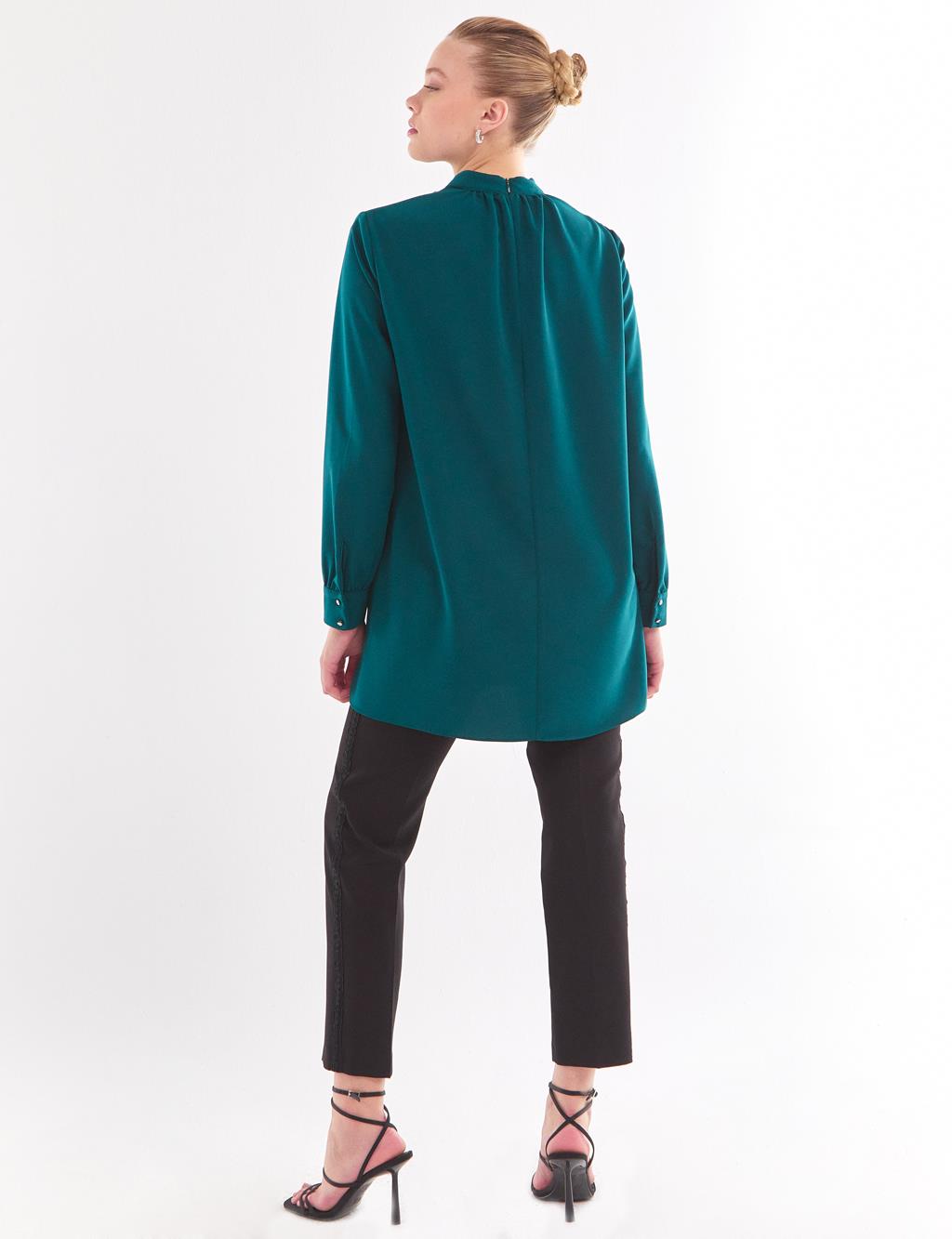 Bead Embroidered Stand Up Collar Blouse Emerald