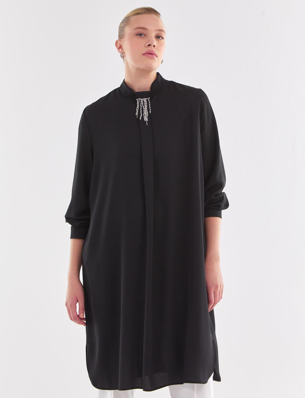 Embroidered Standing Collar Tunic Black