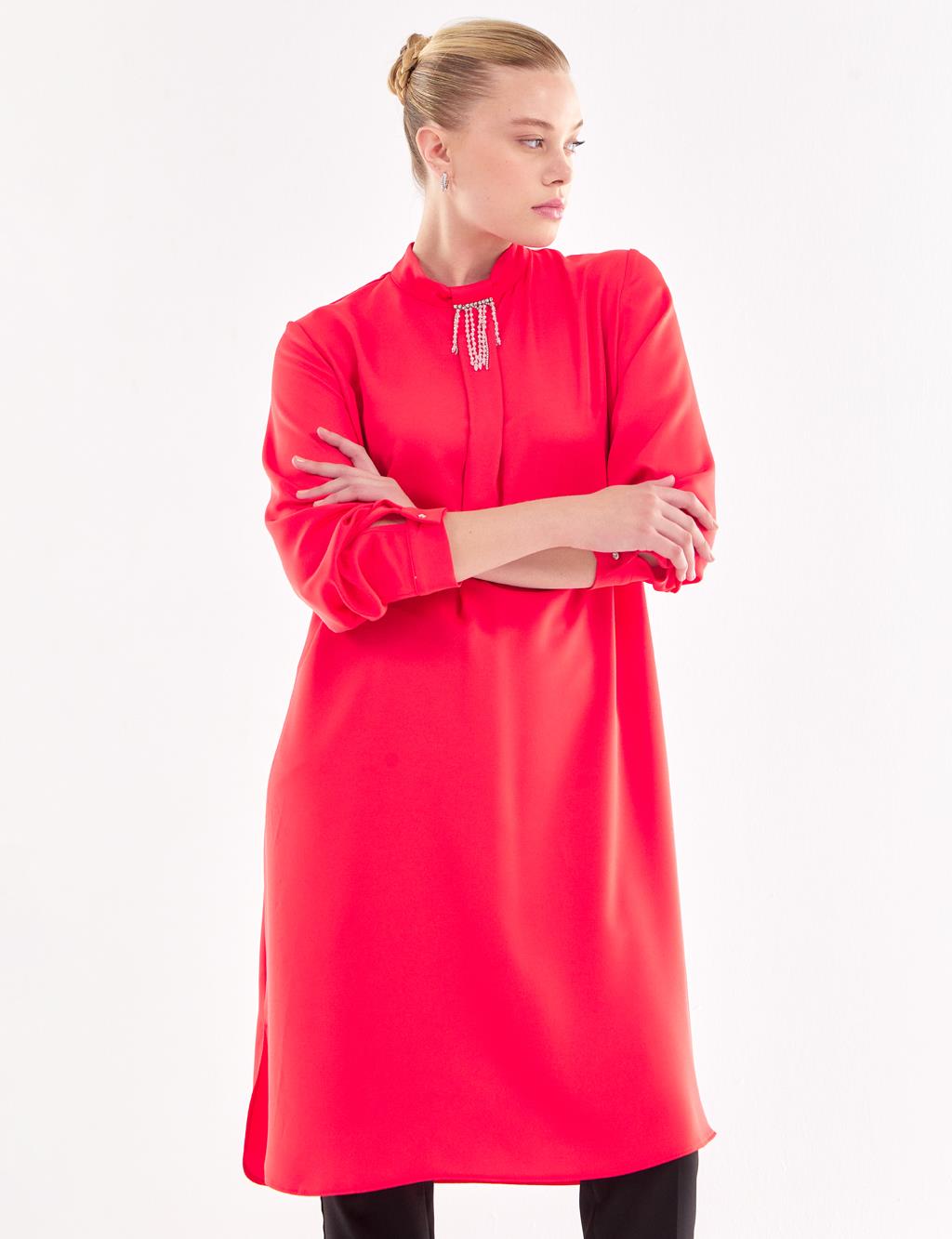 Embroidered Standing Collar Tunic Red