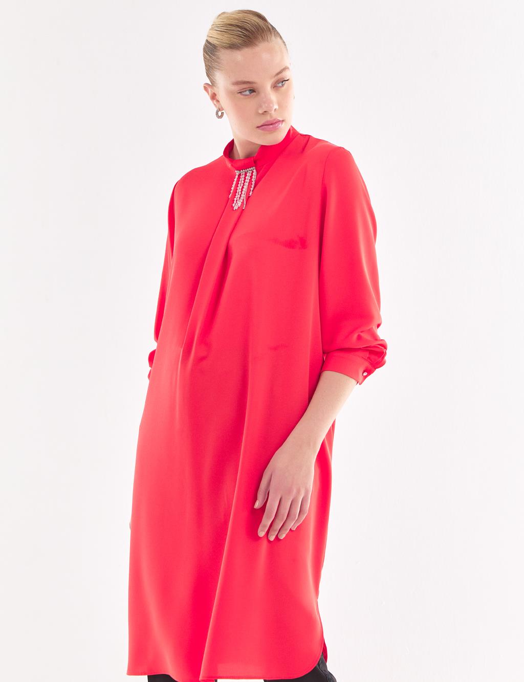 Embroidered Standing Collar Tunic Red