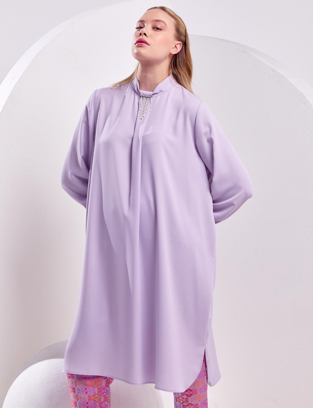 Embroidered Standing Collar Tunic Lilac
