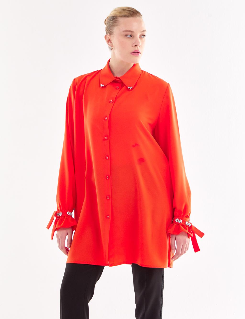 Stone Embroidered Shirt Coral