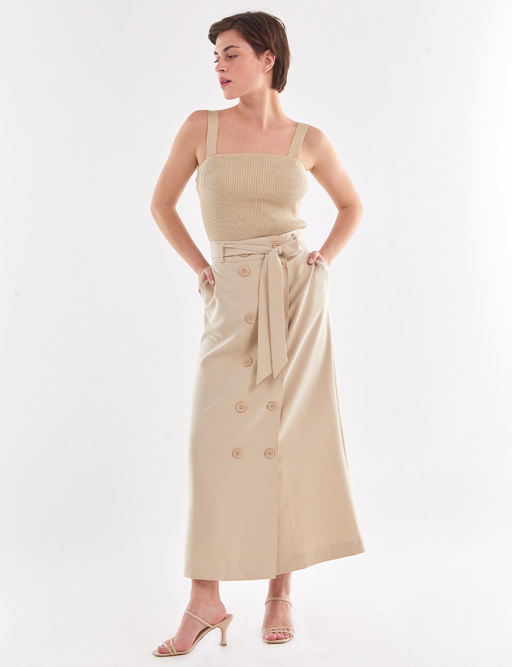 Button Detailed Double Breasted Skirt Cream