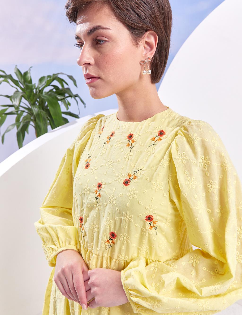 KYR Floral Embroidery Dress Yellow