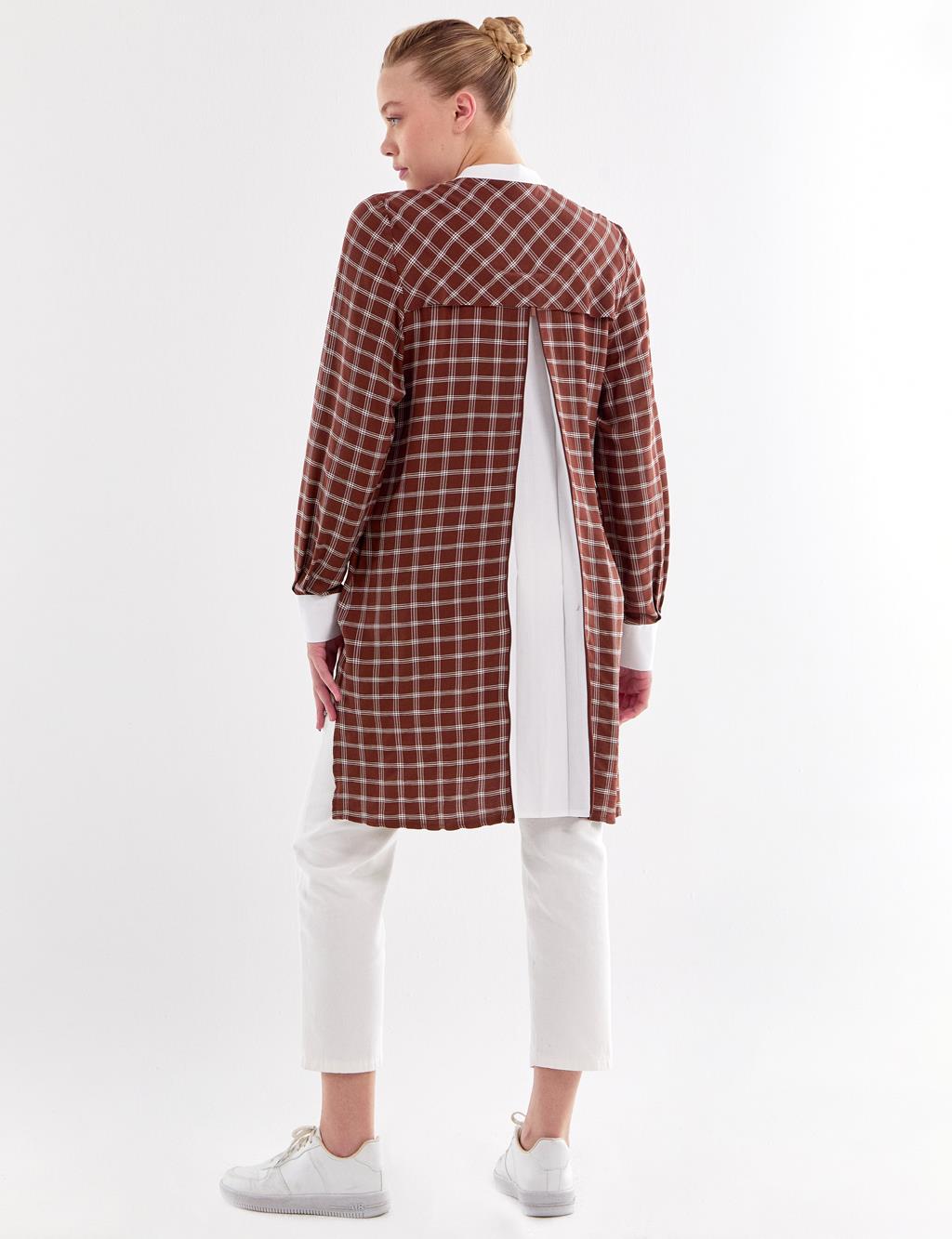 Back Pleated Plaid Tunic Brown-White