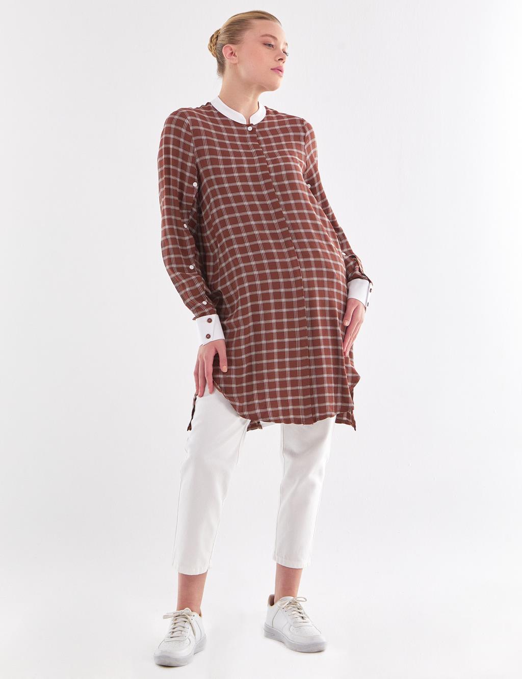 Back Pleated Plaid Tunic Brown-White