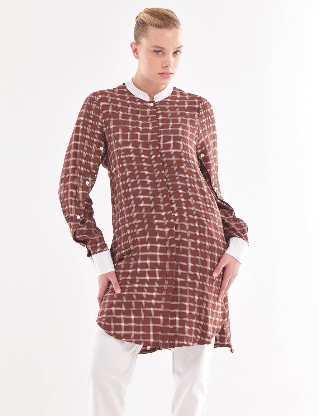 Back Pleated Plaid Tunic Brown-White