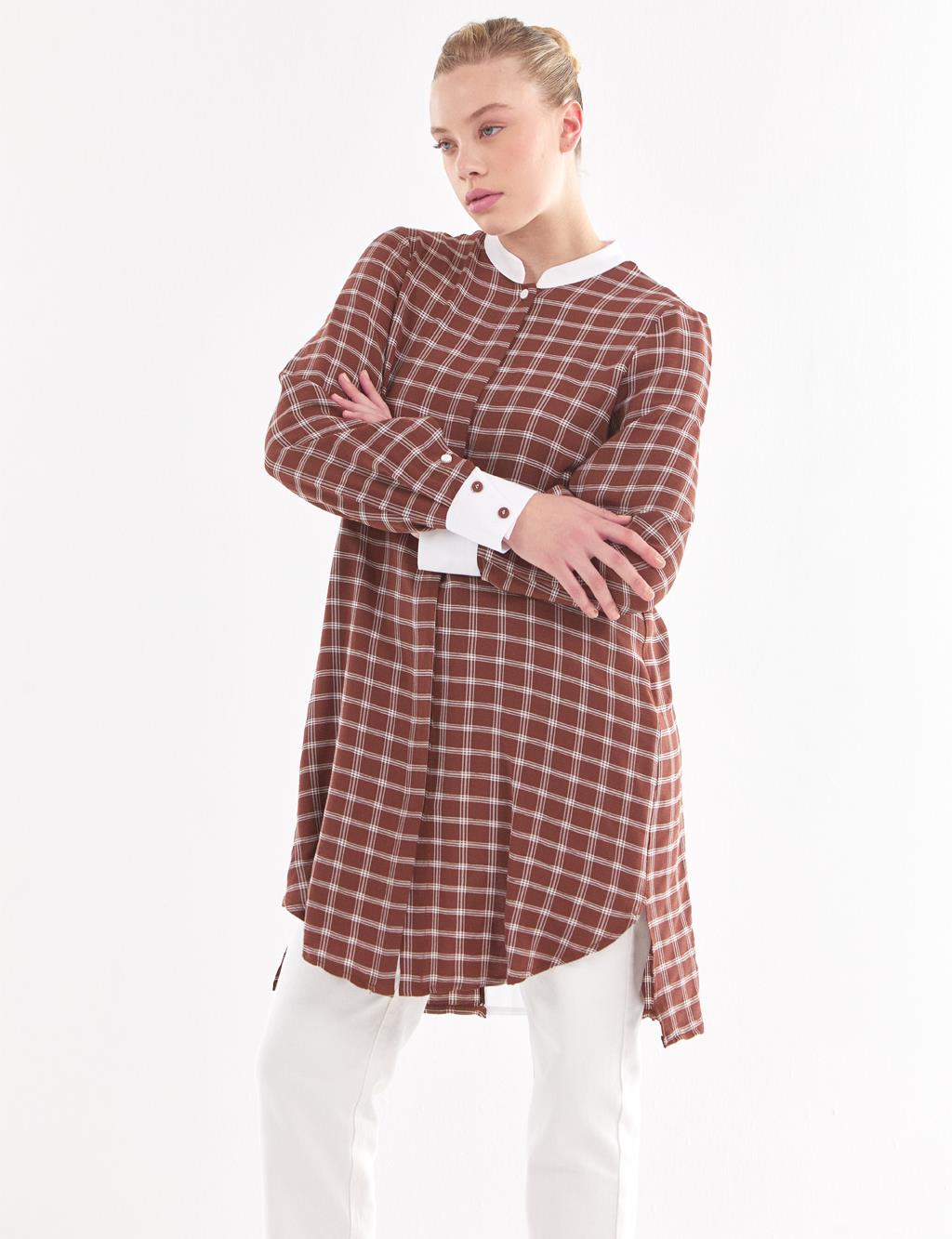 Back Pleated Plaid Tunic Brown-White