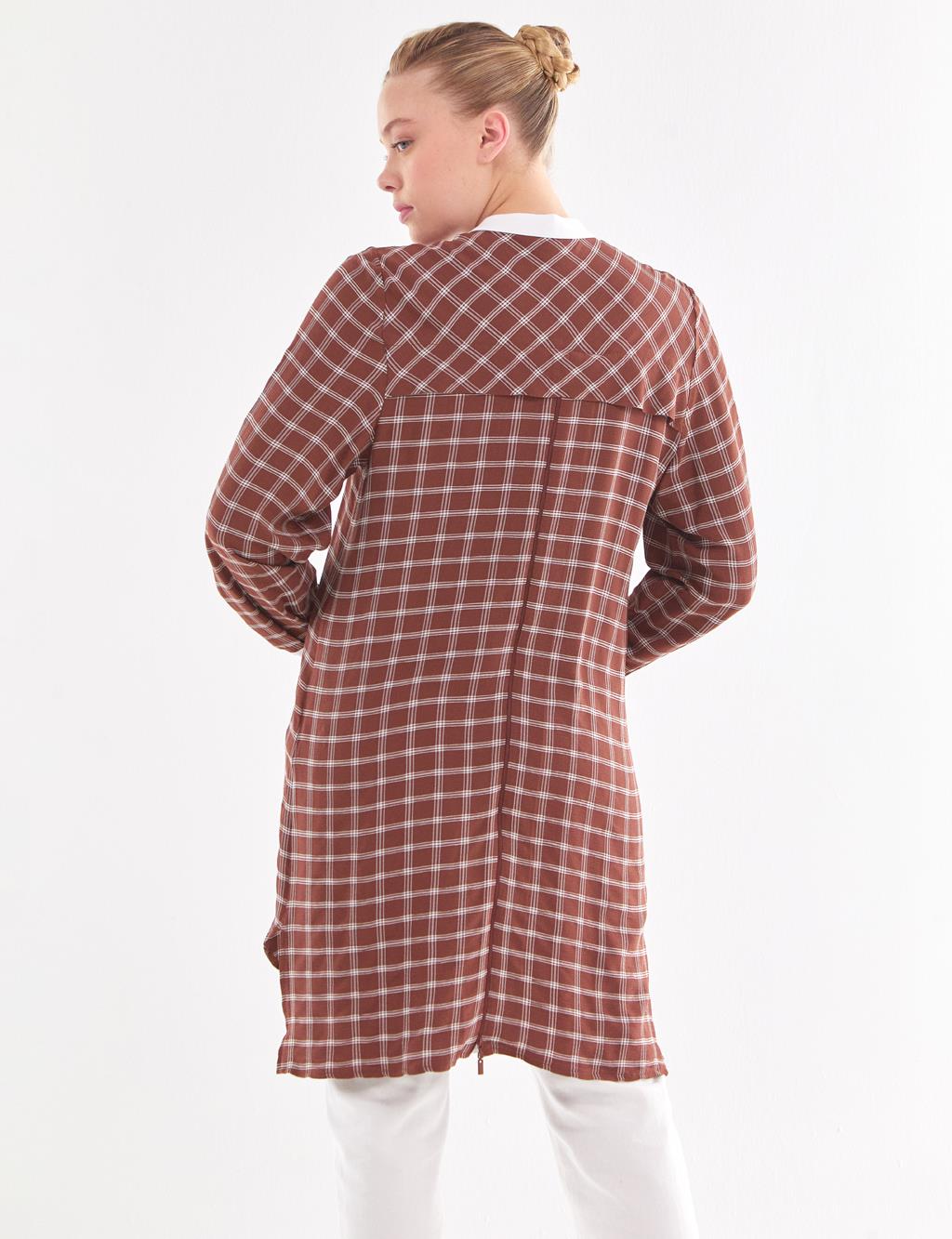 Back Pleated Plaid Tunic Brown-White