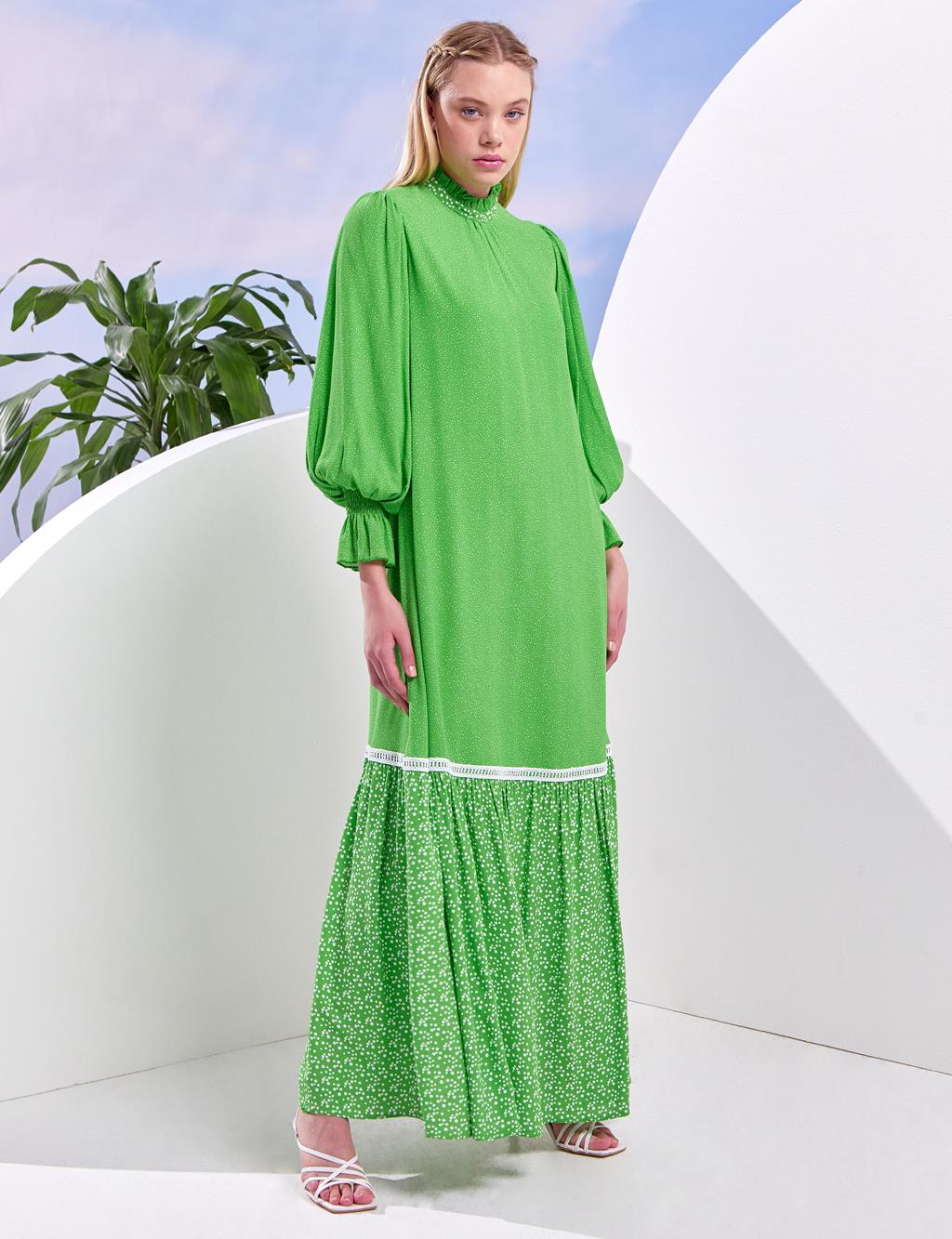 Layer Detailed Balloon Sleeve Dress Clover Green