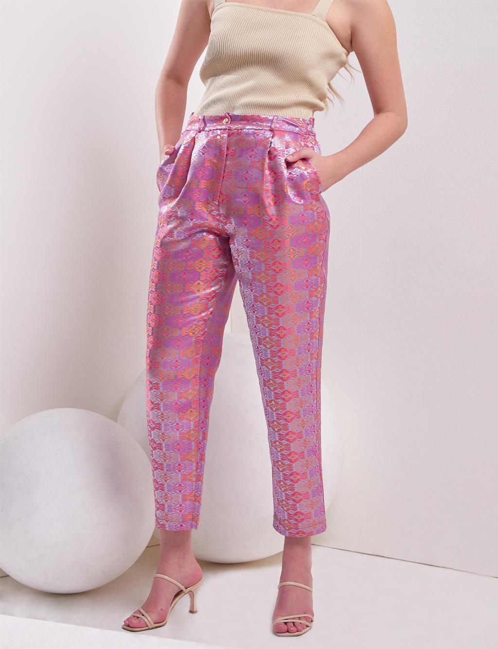 Brocade Patterned Pleated Pants Candy Pink