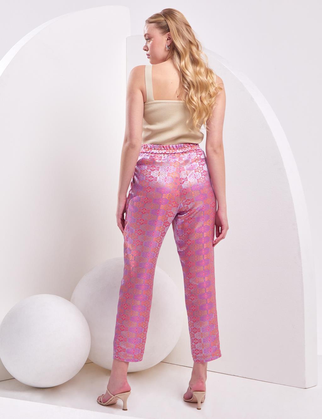 Brocade Patterned Pleated Pants Candy Pink