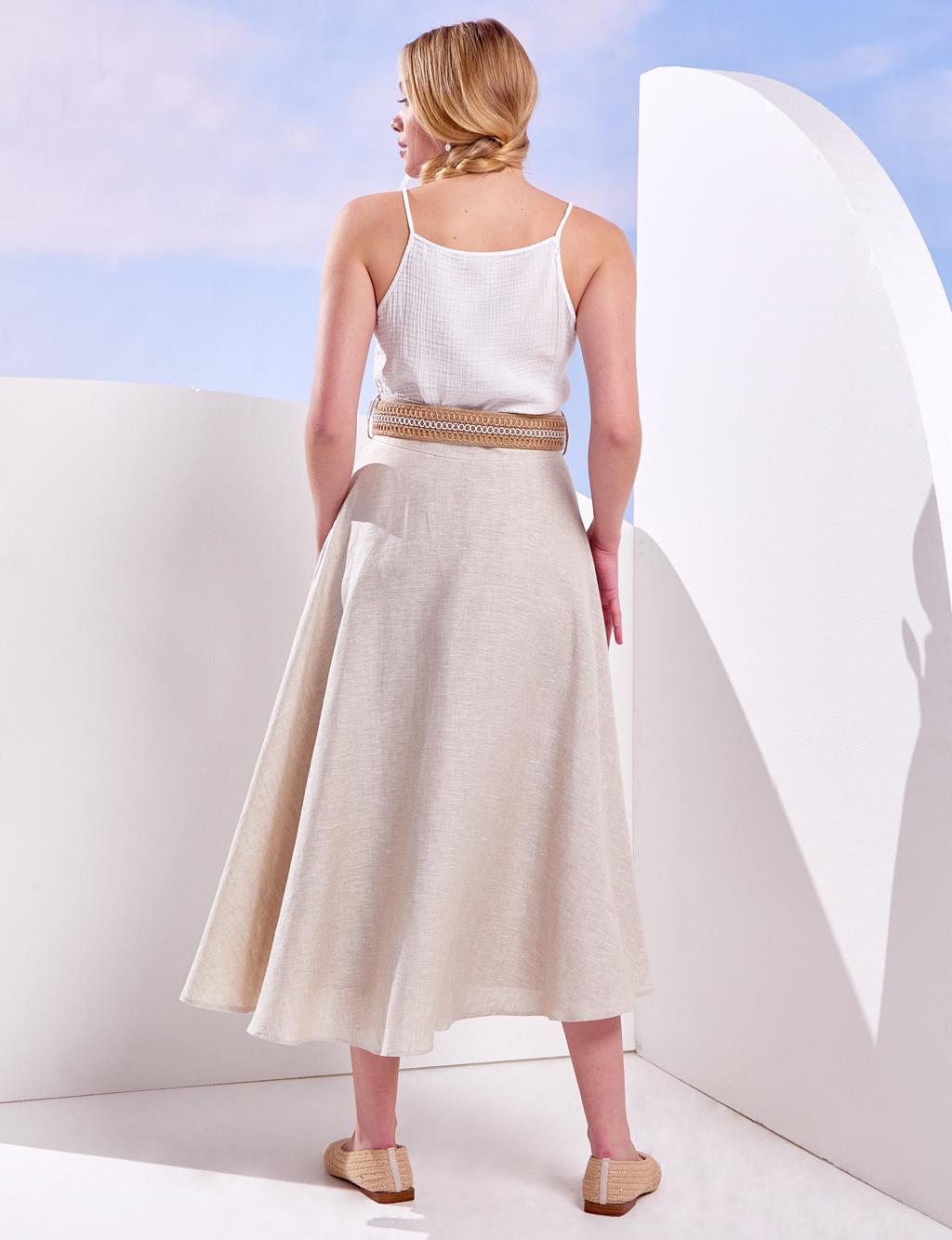 Belted High Waist Linen Skirt Cream