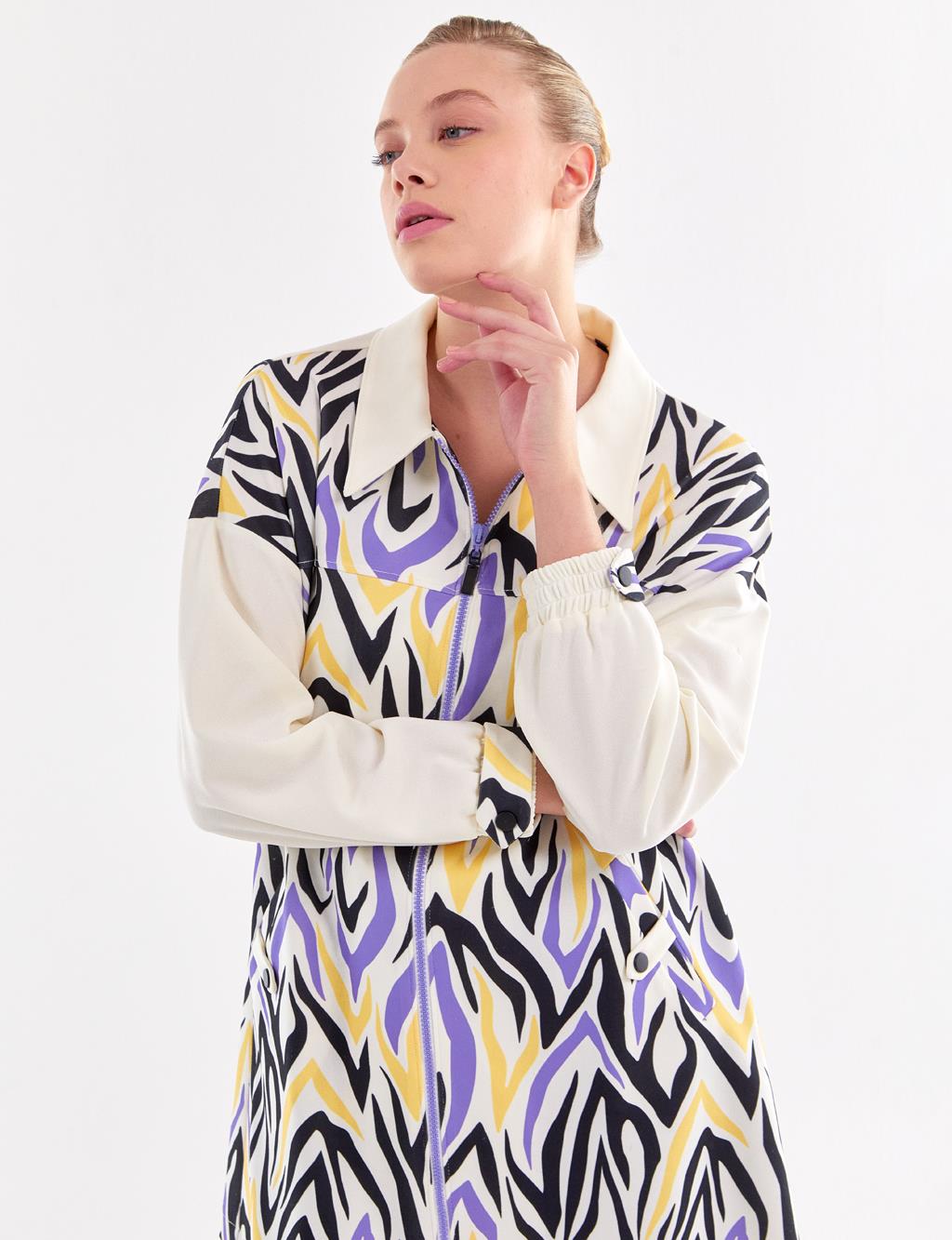 Zippered Abstract Pattern Jacket Lilac-White