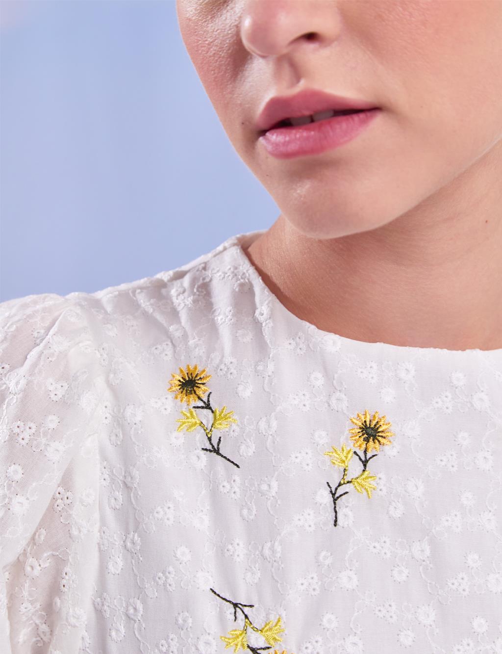 KYR Floral Embroidery Dress Ecru