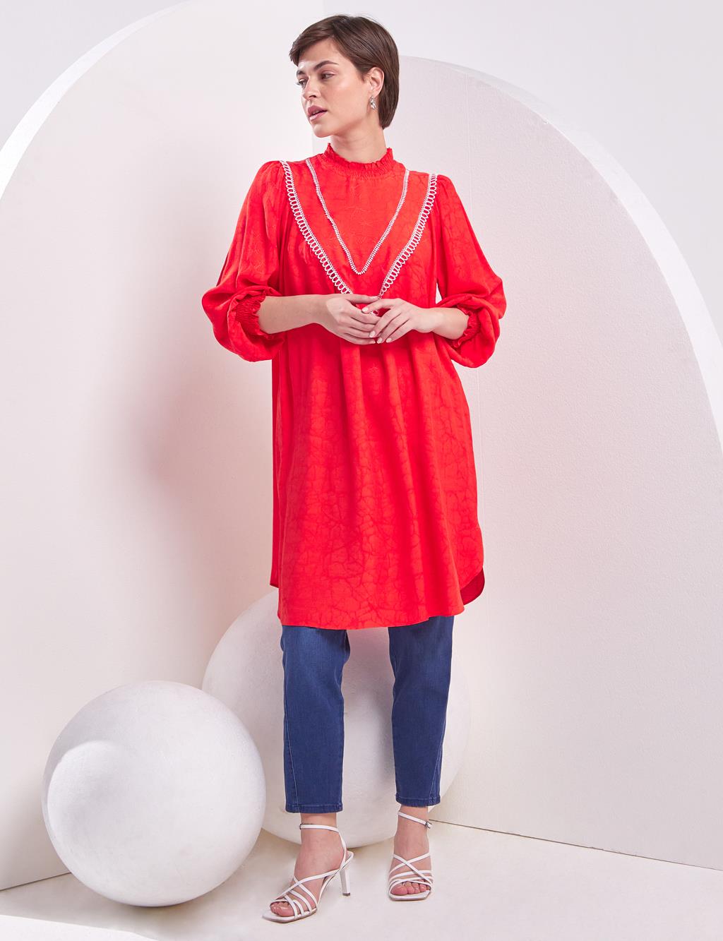 Ribbon Guipure Ruffle Collar Tunic Red
