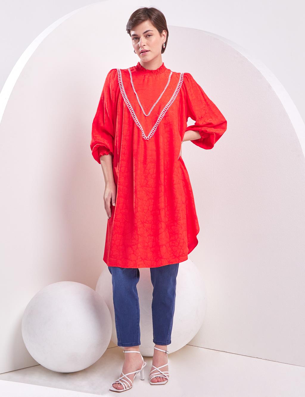 Ribbon Guipure Ruffle Collar Tunic Red