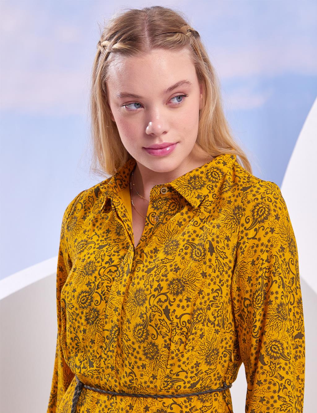 Ethnic Patterned Shirt Collar Dress Mustard