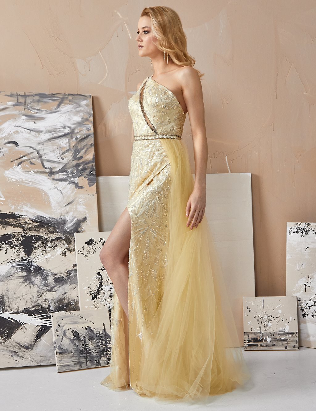 Sequin Embellished One-Shoulder Evening Gown in Lemon