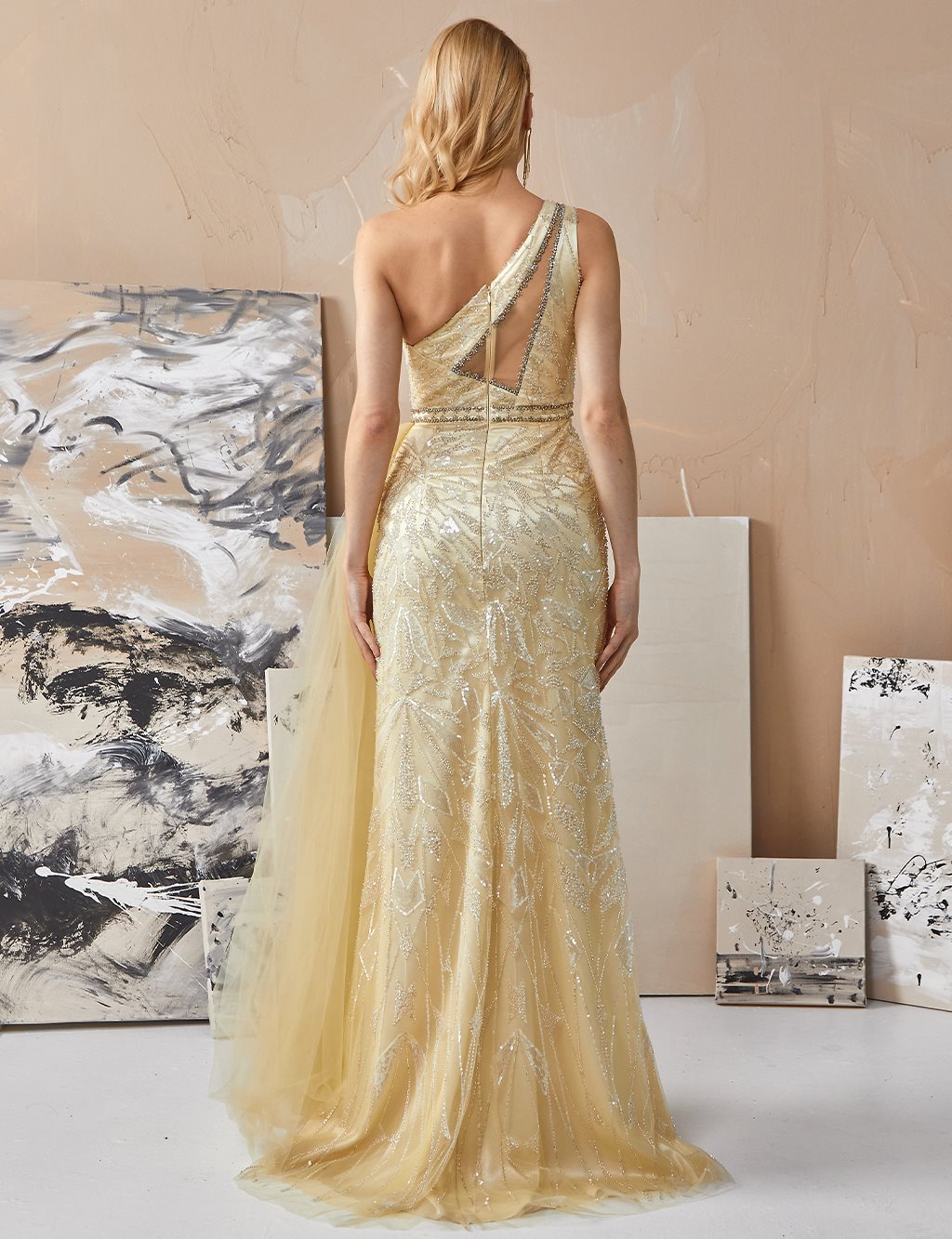 Sequin Embellished One-Shoulder Evening Gown in Lemon