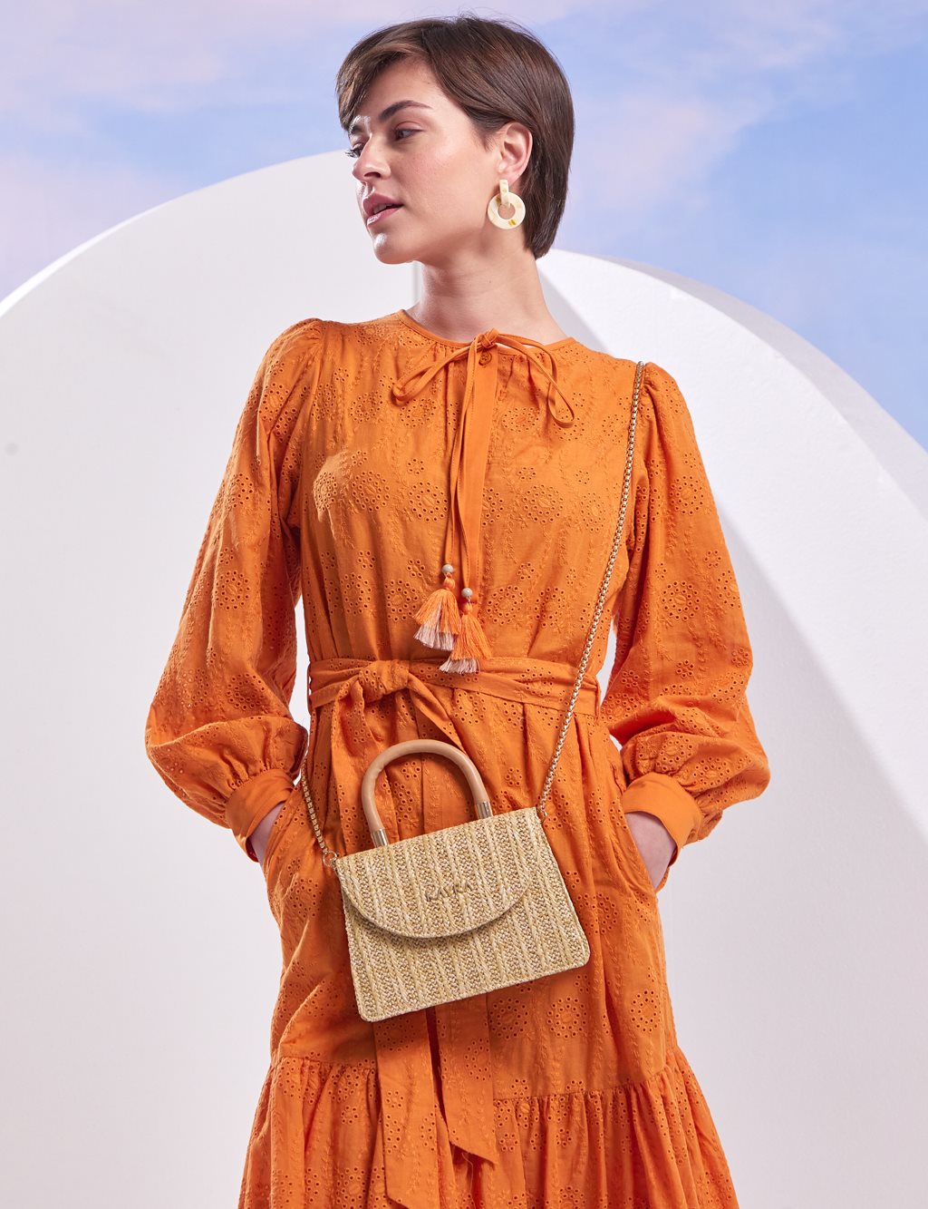 Straw Knitted Hand Bag Milky Brown