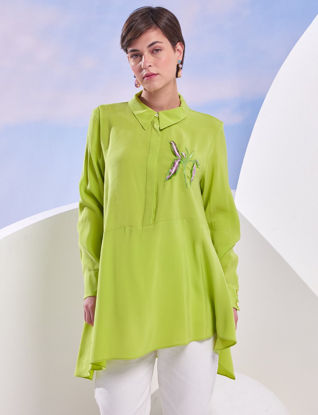 Embroidered Asymmetrical Cut Tunic Clover Green