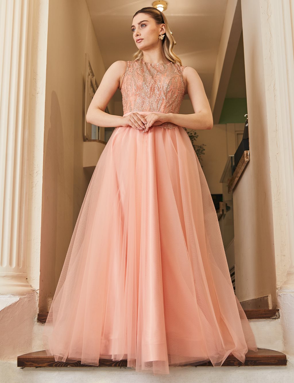 Tulle Skirt Embroidered Evening Dress Salmon