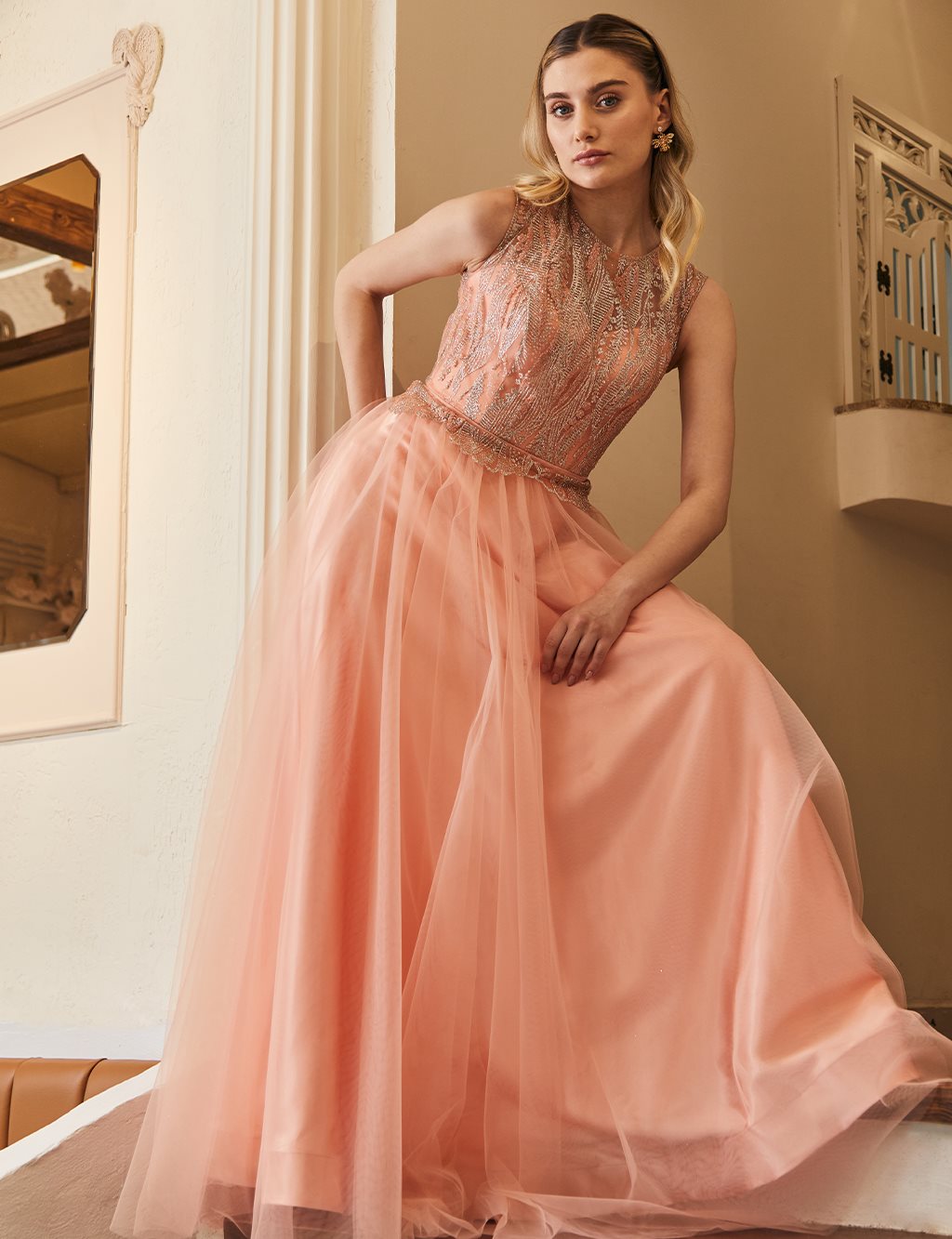 Tulle Skirt Embroidered Evening Dress Salmon