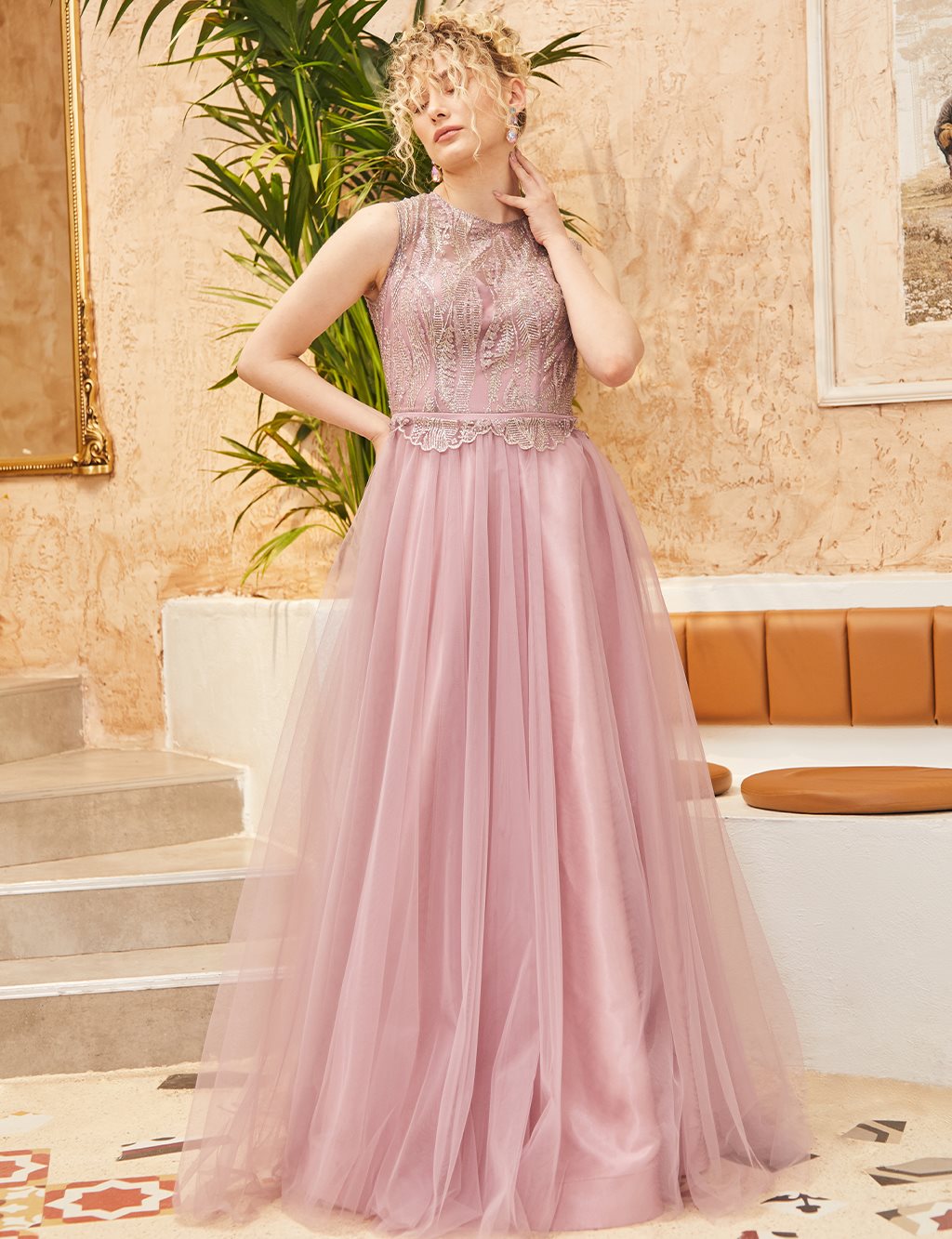 Tulle Skirt Embroidered Evening Dress Lilac