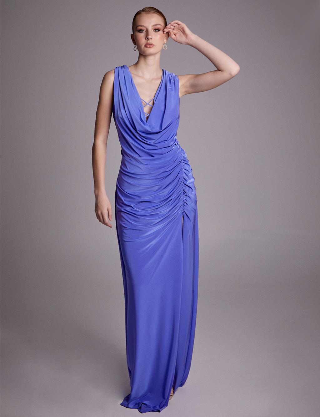 Slit Draped Evening Dress Lilac
