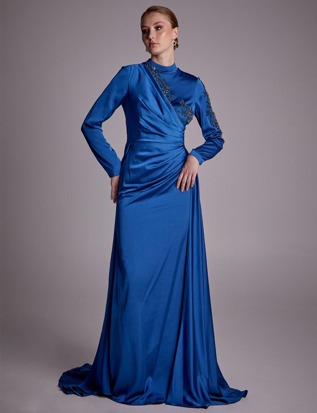 Flowy Embroidered Evening Dress Indigo