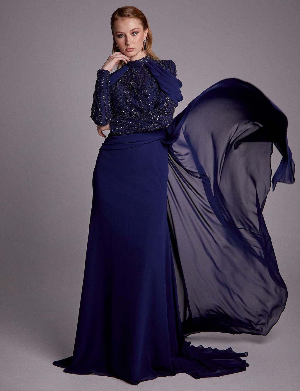 Sequined Draped Evening Dress Navy