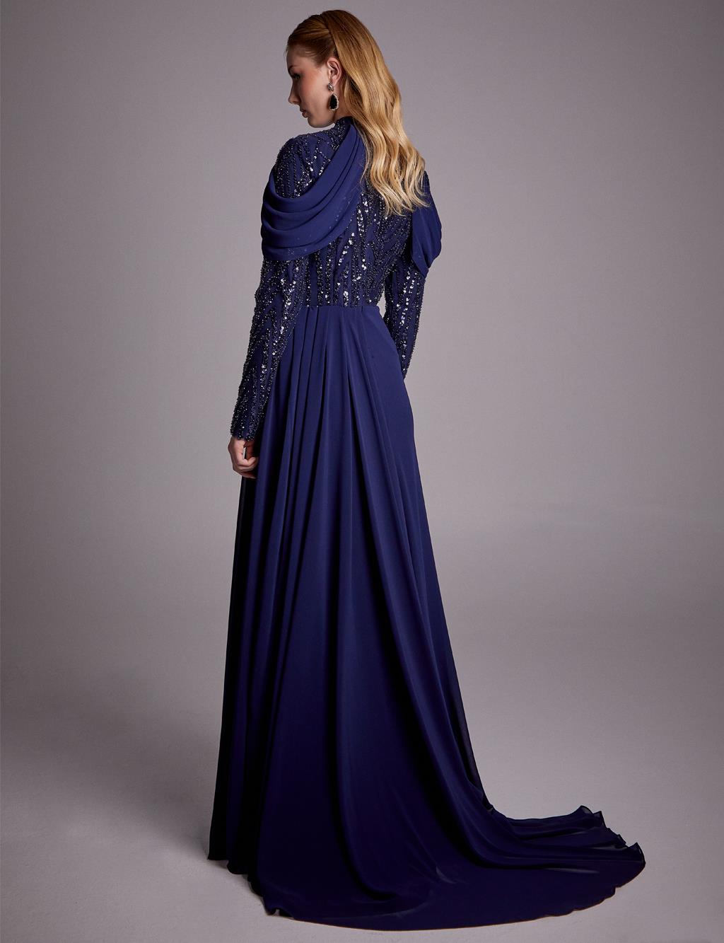 Sequined Draped Evening Dress Navy