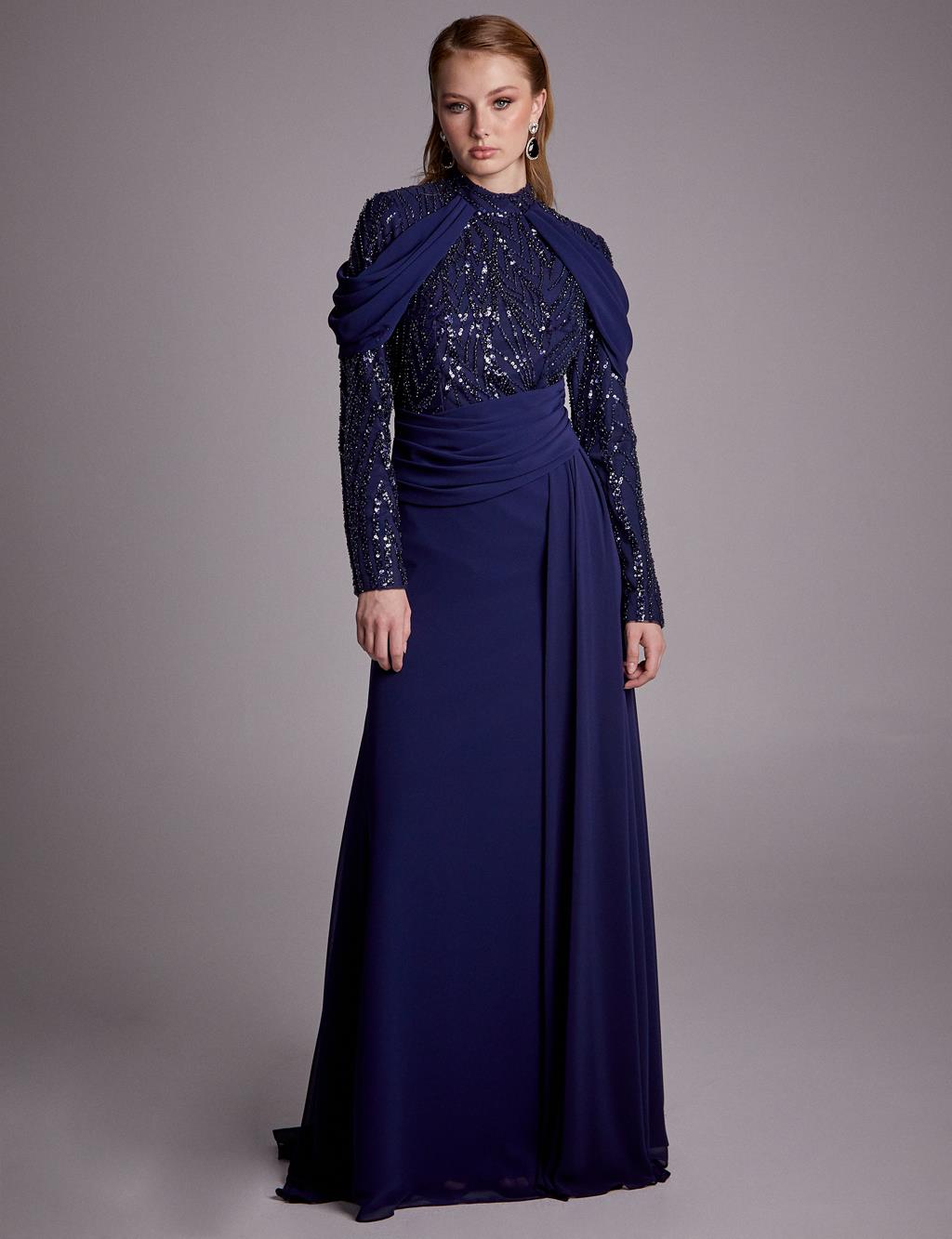 Sequined Draped Evening Dress Navy