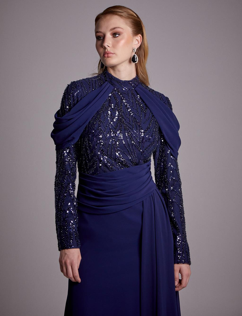 Sequined Draped Evening Dress Navy